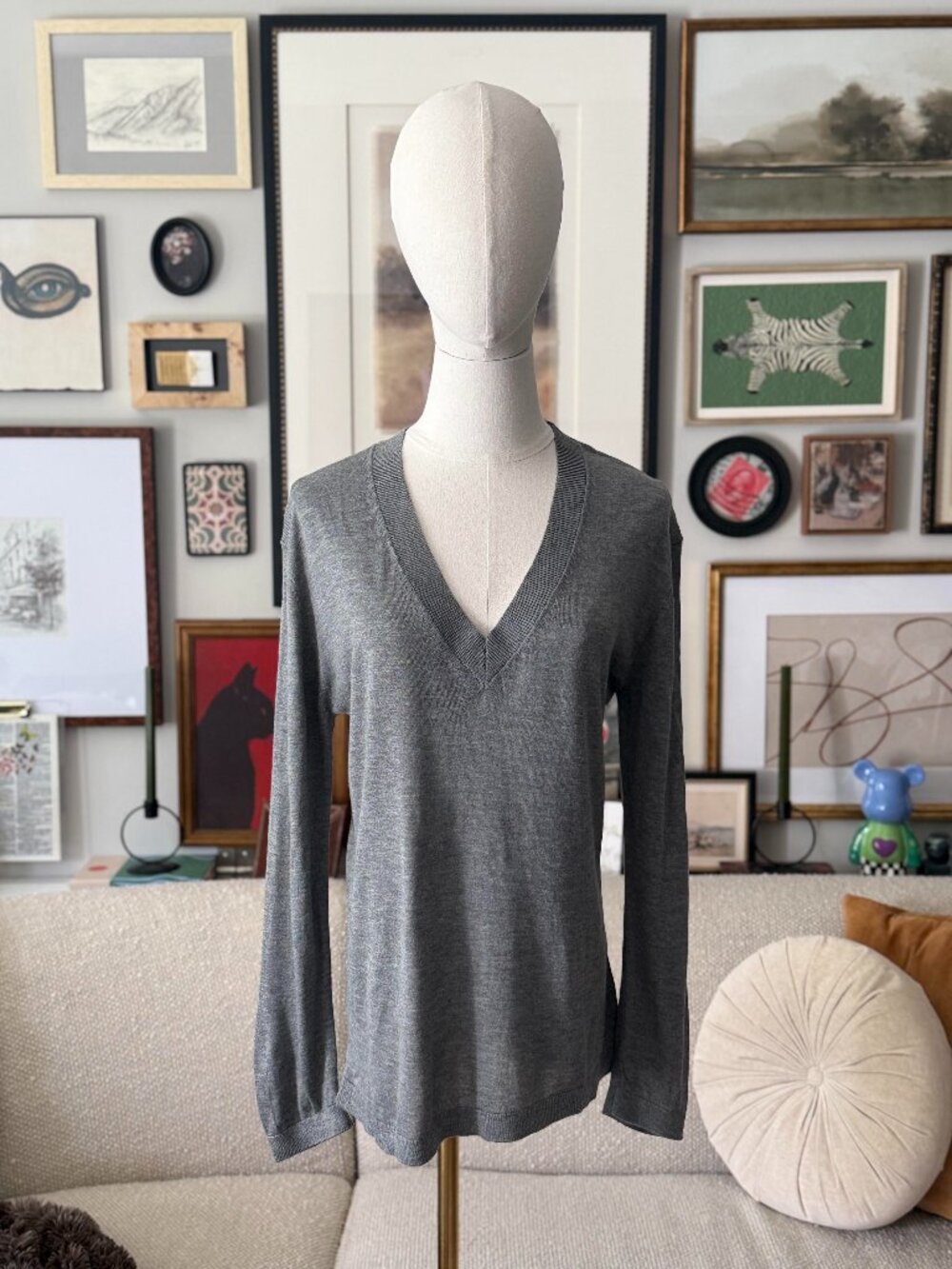 H&M Fine-Knit Deep V-Neck Sweater - Heather Gray - Size XS